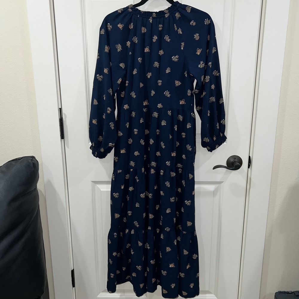 Madewell Challis Tiered Midi Long Sleeve Floral Dress Size XS Navy Blue‎ - Picture 5 of 9